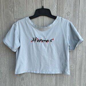 ZR Light Gray Embroidered Graphic Crop Top Medium Stretch Short Sleeve Cute Tee